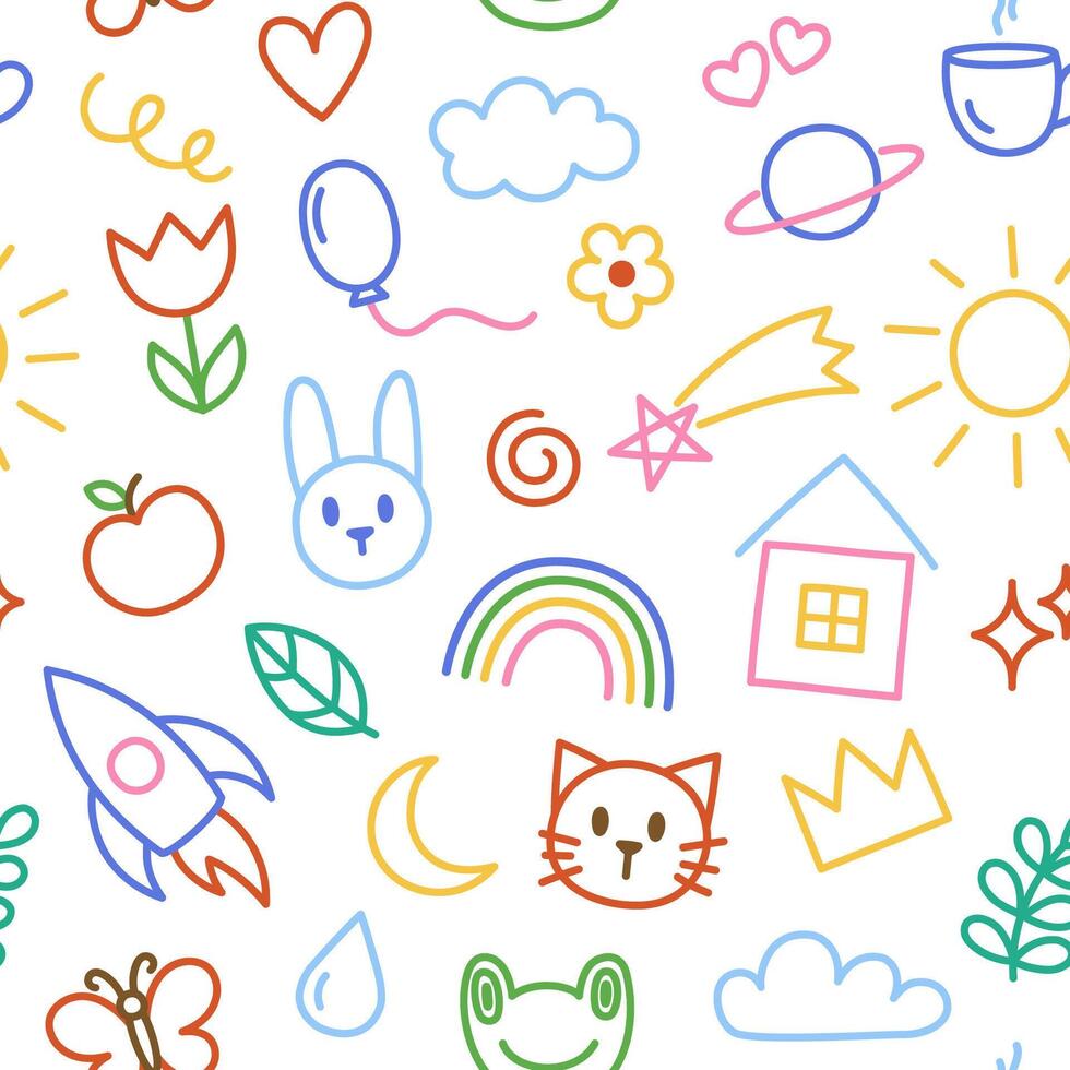 Kids, children doodles, drawings, scribbles pattern, seamless background. Set of hand-drawn illustrations vector
