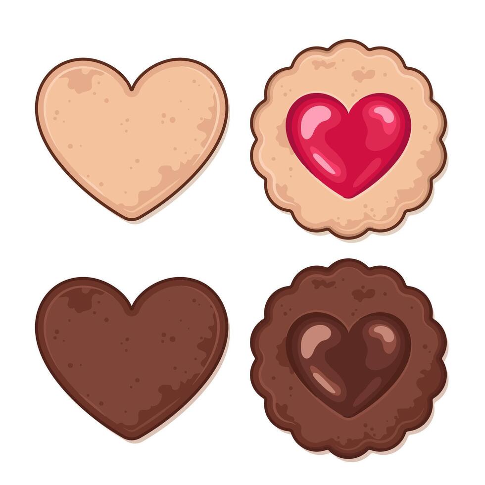 Heart-shaped biscuits, cookies in a shape of a heart, cute kawaii cartoon style illustration vector