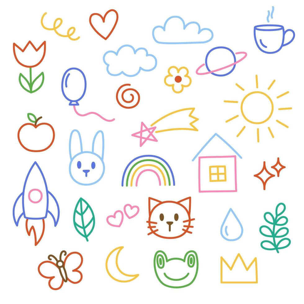 Kids, children doodles, drawings, scribbles. Set of hand-drawn illustrations vector