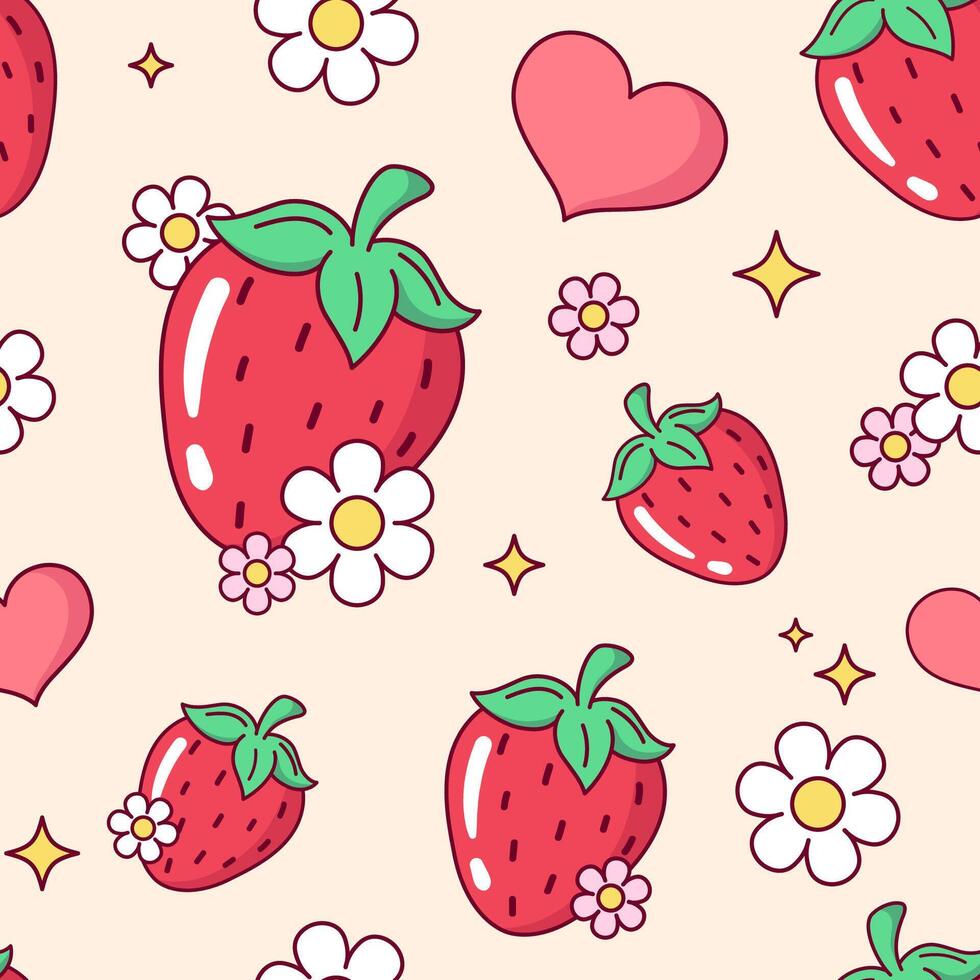 Strawberry, heart and flowers seamless pattern, background. Simple cute cartoon style drawing vector