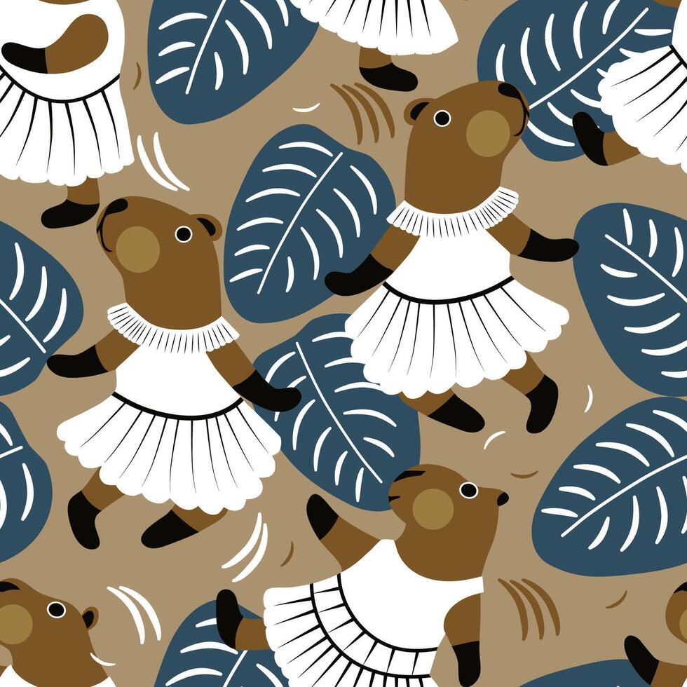 Cute capybara dancing on a plant background vector