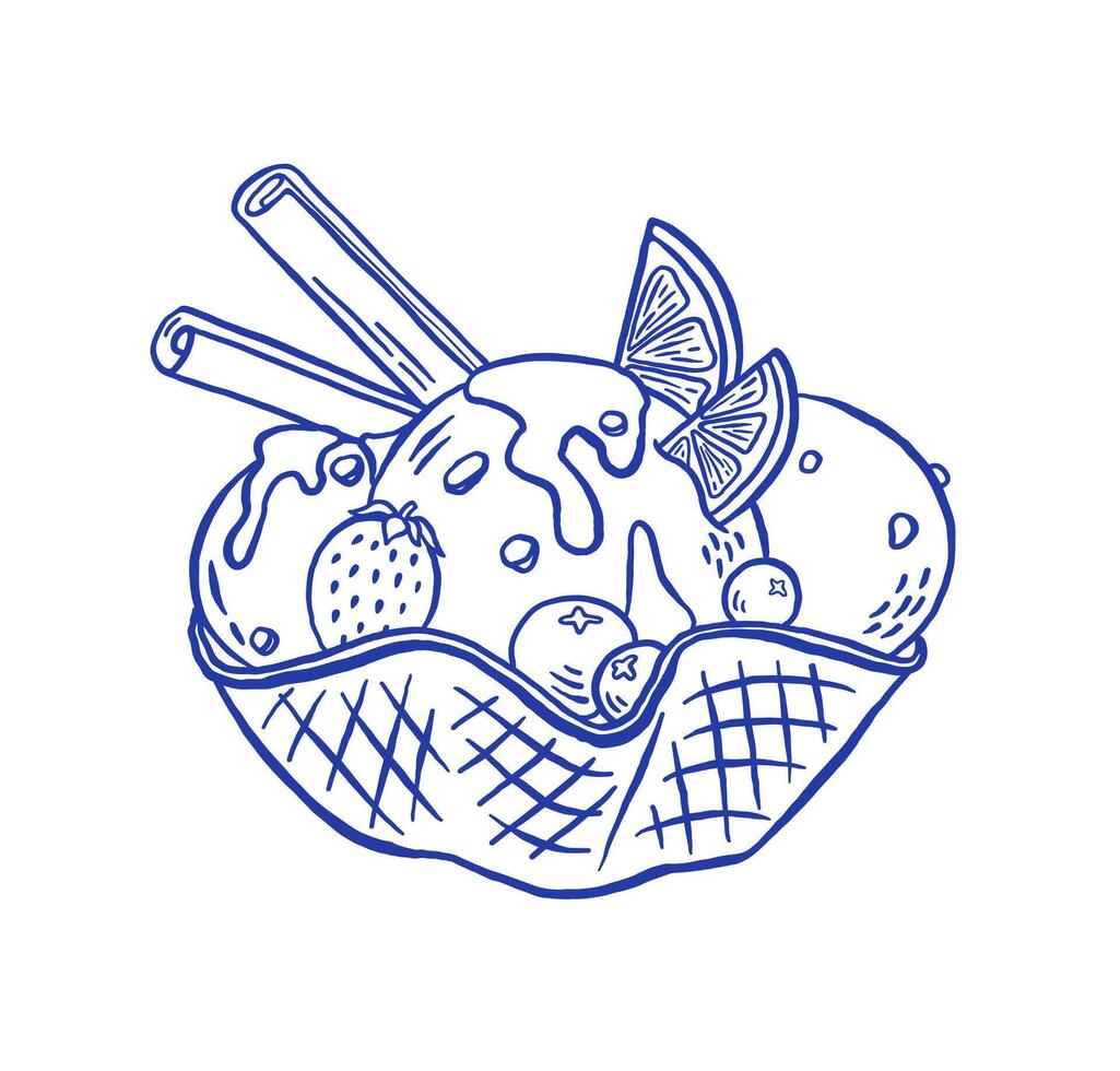 Hand draw ice cream in waffle with lemon and berry illustration. Vintage sundae, frozen dessert in doodle style isolated vector