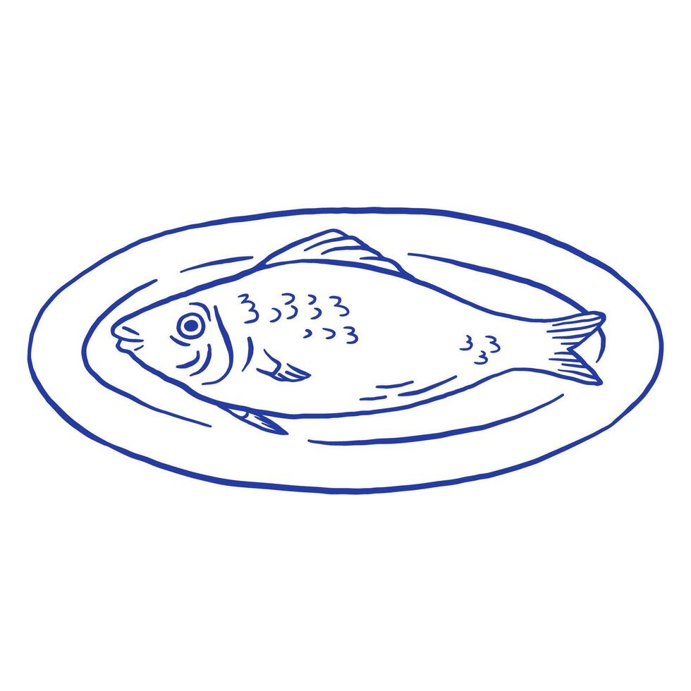 Fresh fish on the plate for restaurants, fish markets, shop in doodle sketch style. Hand drawn seafood illustration. vector