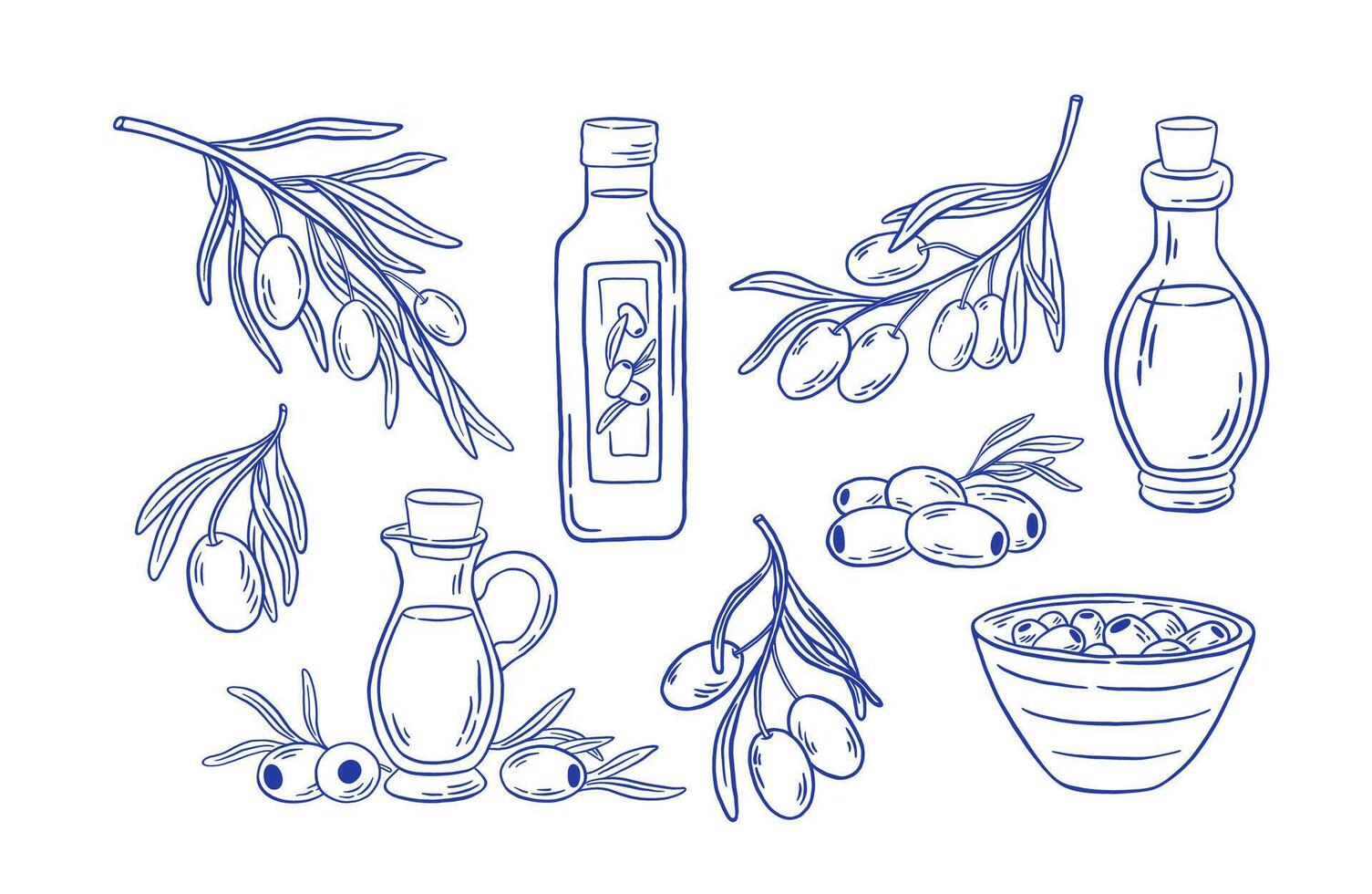 Hand drawn natural olives and oil bottle icon set. Mediterranean food illustration in doodle sketch style. Perfect for restaurant menus, packaging design, and farm products. vector
