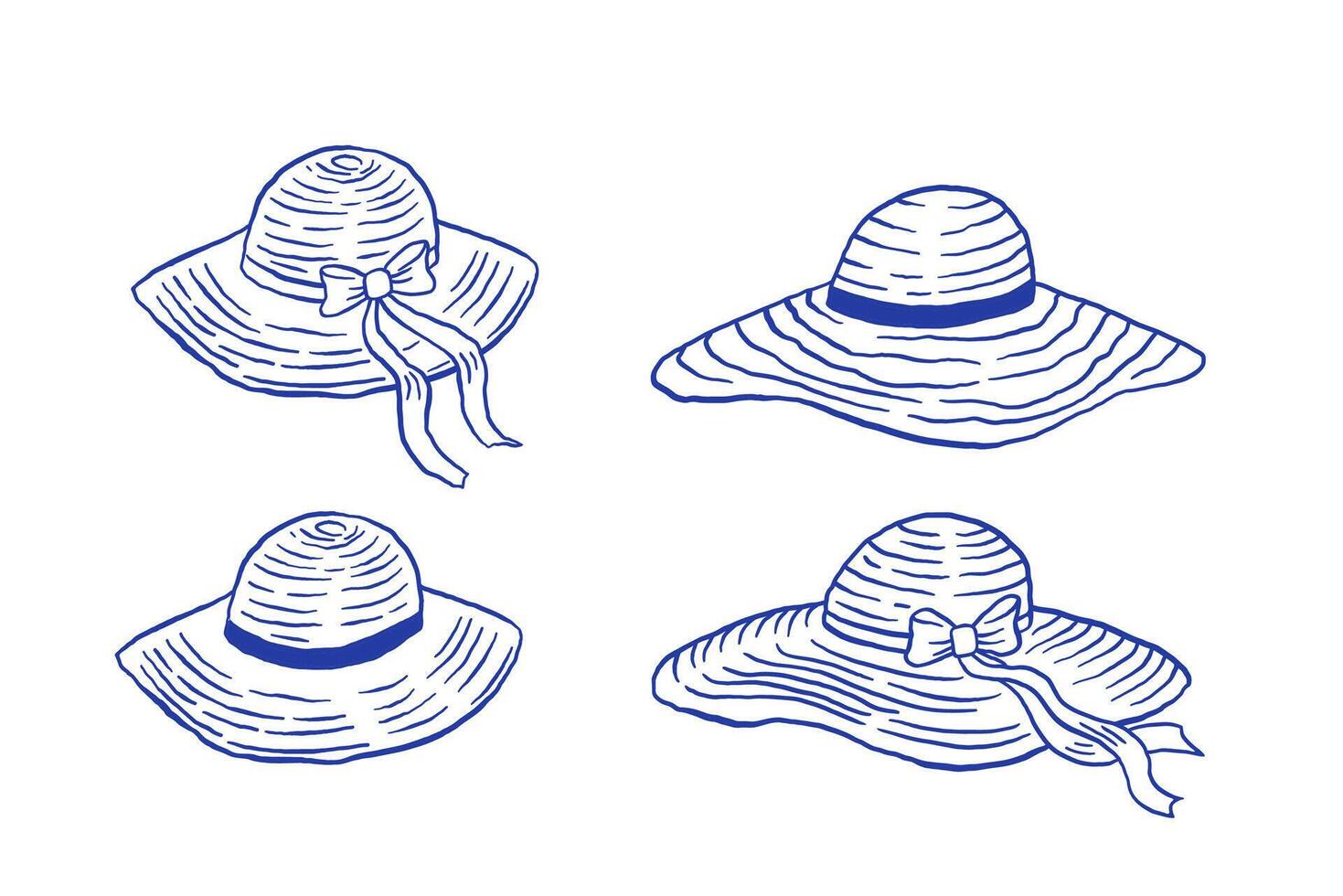 Hand draw women's summer hat with bow illustration. Beach headgear set on white background vector
