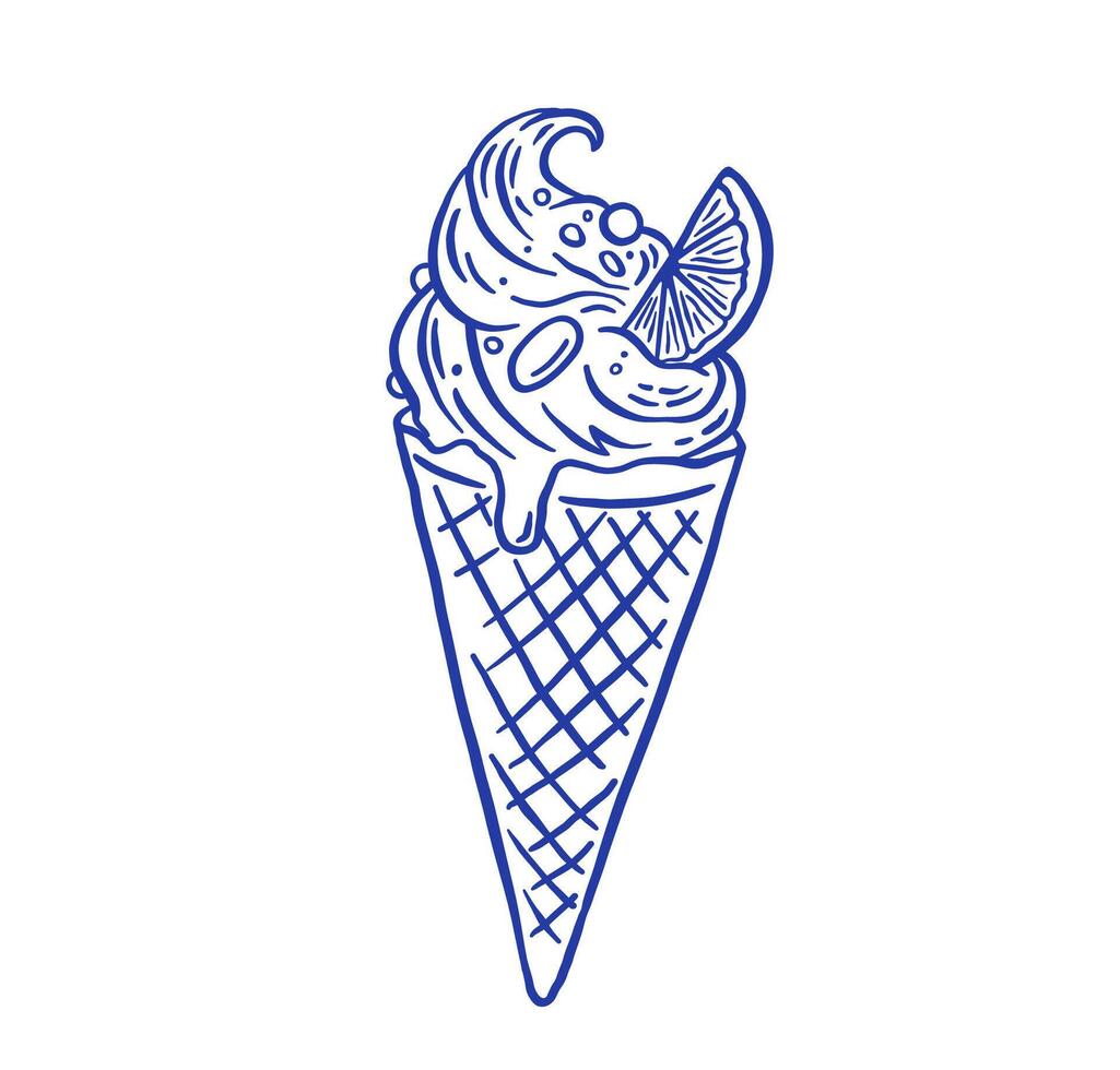 Hand draw ice cream cone with lemon illustration. Vintage gelato dessert icon in doodle style vector