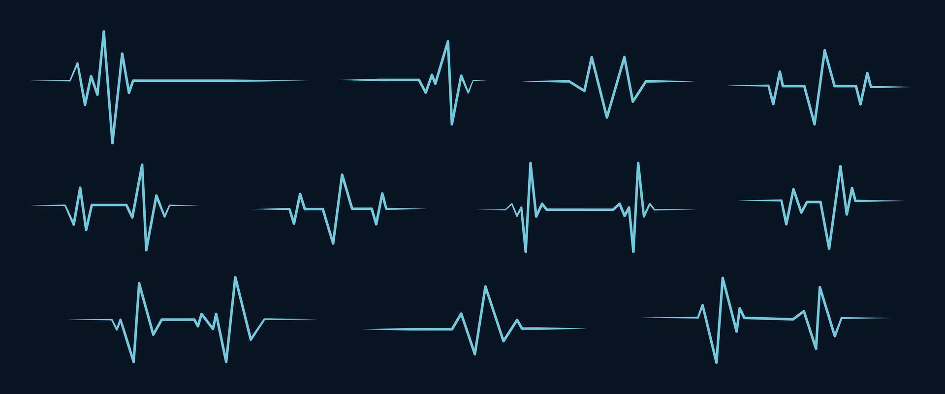 Heart rhythm set, Electrocardiogram, ECG - EKG signal, Heart Beat pulse line concept design isolated on black background vector