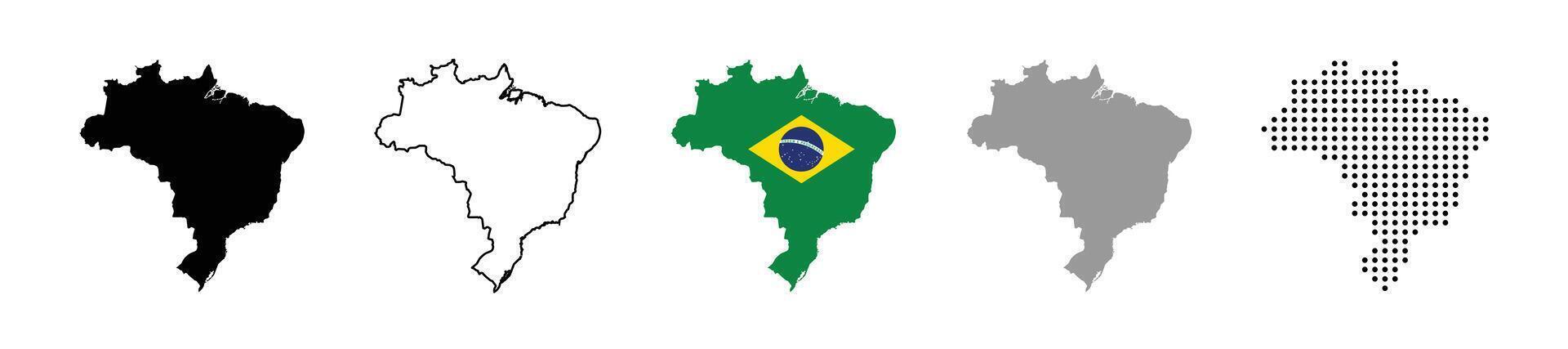 Brazil map icon set. Silhouette, states, regions, outline, flag, flat, dotted styles. illustration vector