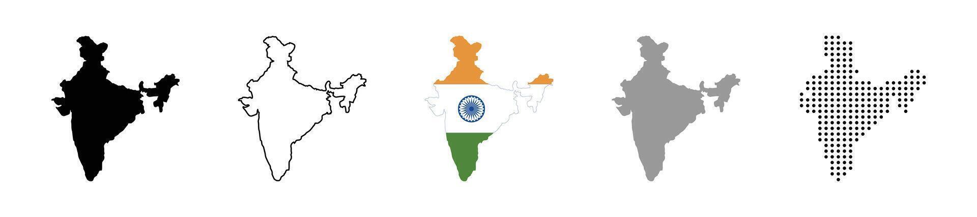 India map icon set. Silhouette, states, regions, outline, flag, flat, dotted styles. illustration vector
