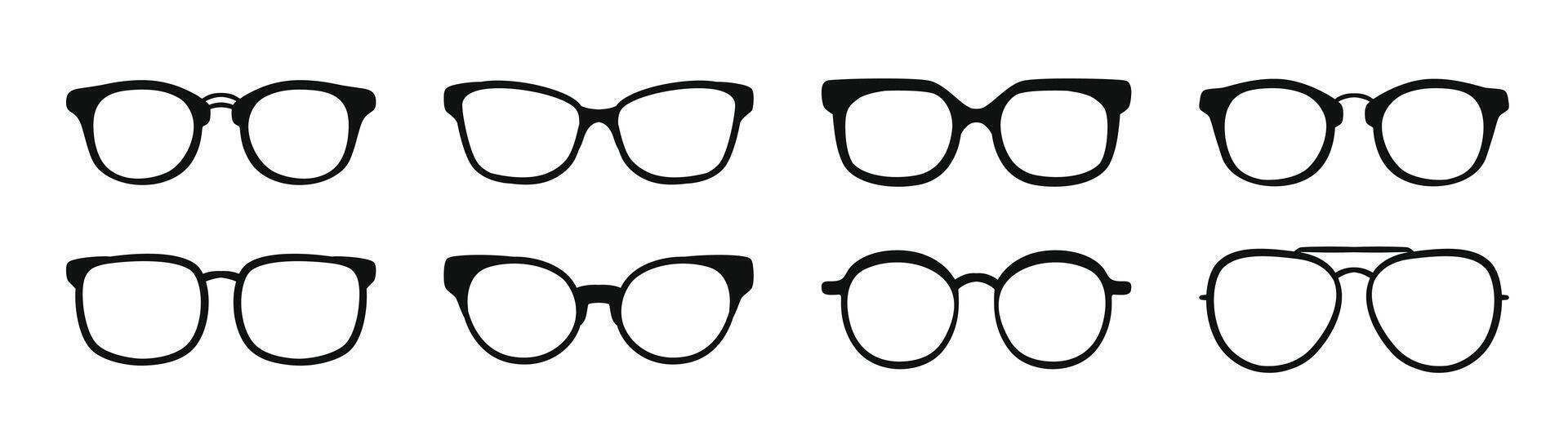A set of glasses isolated. glasses model icons. Sunglasses, glasses, isolated on white background. Silhouettes. Various shapes stock illustration. vector