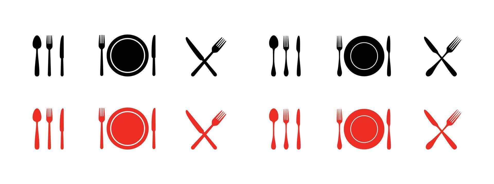 Fork, knife, plate and spoon. Menu symbol. Restaurant icon. Food, plate, fork, knife, spoon, cutlery icon set. vector