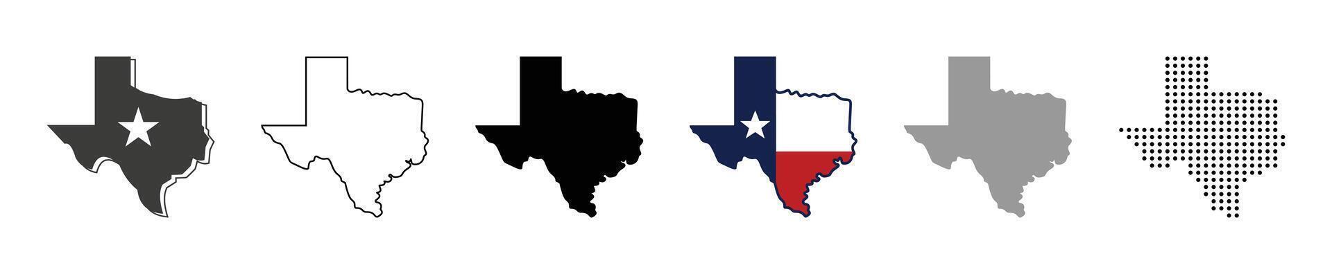 Texas map icon set. Silhouette, states, regions, outline, flag, flat, dotted styles illustration vector