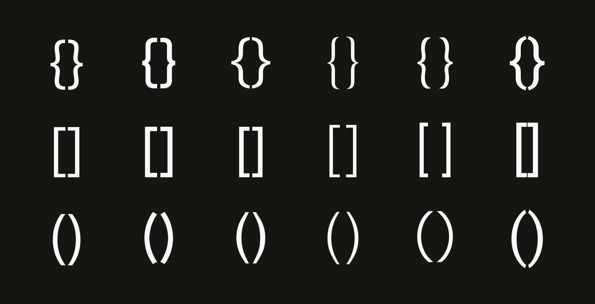 Bracket, braces, parenthes set, Diverse curly bracket styles for design, coding, and typography. Ideal symbol for software, graphic design, and programming visuals vector