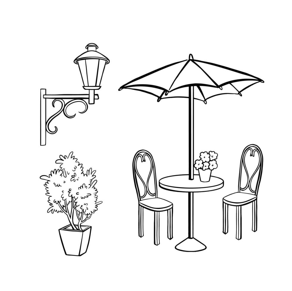 Cafe set, table with chairs, lantern, plant line illustration vector
