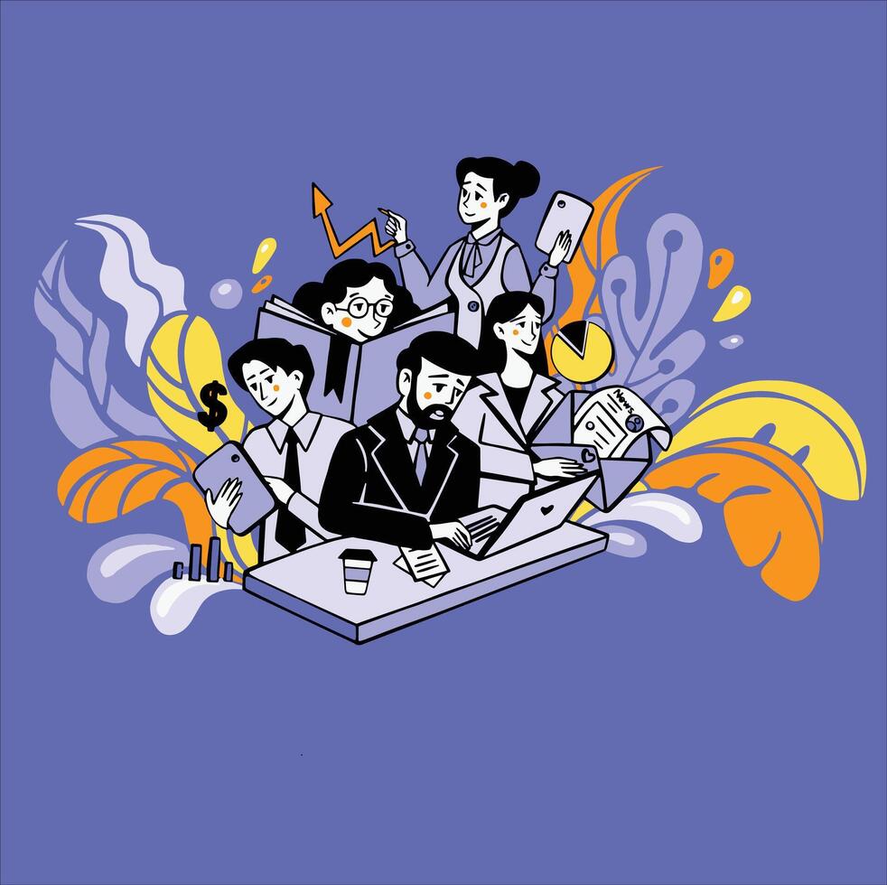 The team works, the information department is flourishing, the style is flat vector