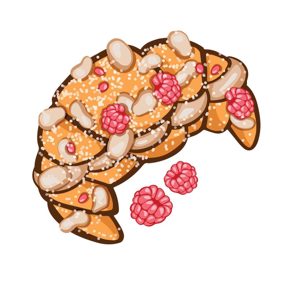Croissant with pistachio and butter cream and raspberry hand drawn color vector