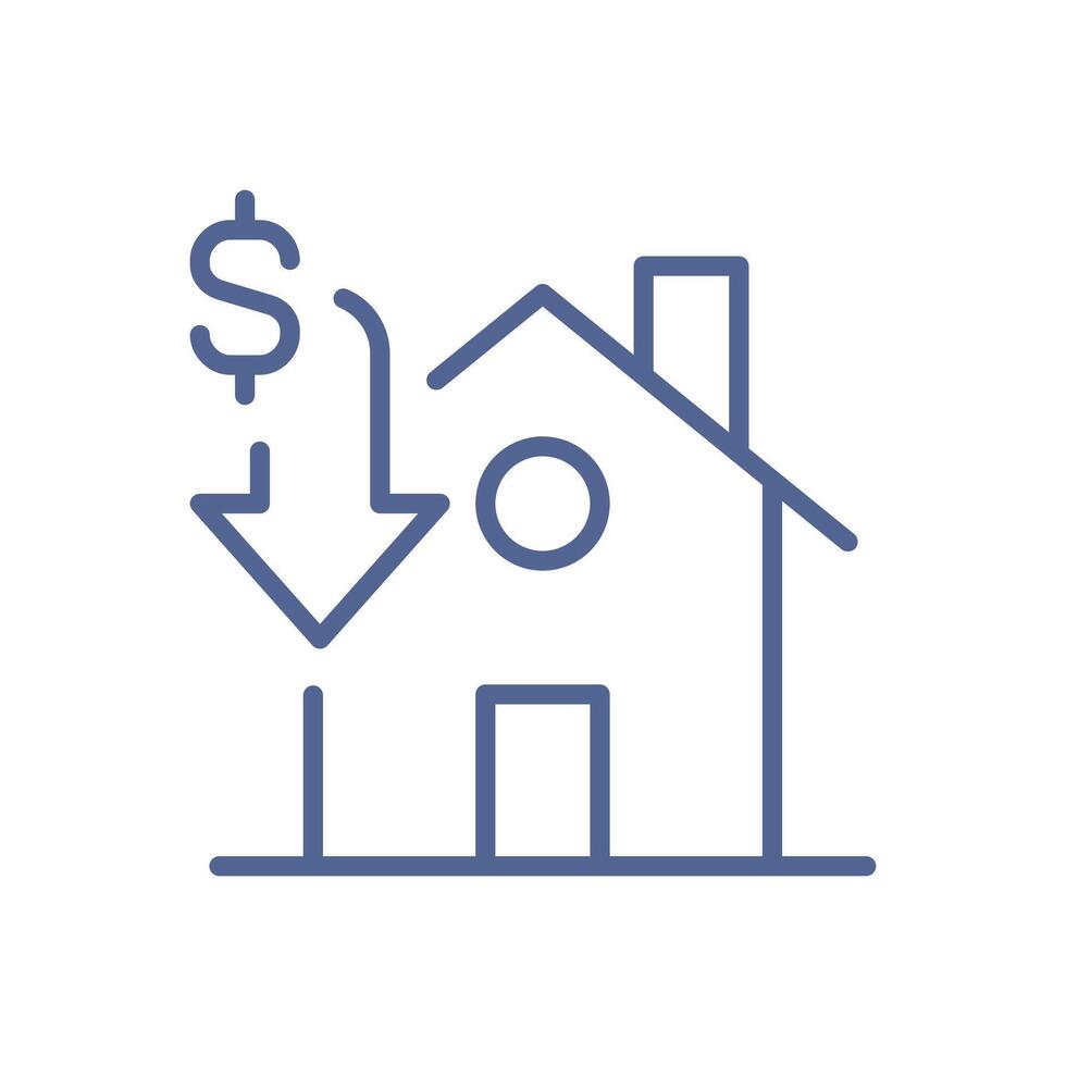 Financial crisis icon, minimal economic downturn symbol, declining market trend, money loss representation and bankrupt business element, simple economic risk indicator line flat illustration. vector