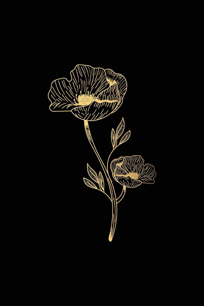 Luxury dark art black background with flowers in golden line style. Set of hand drawn botanical posters for print design, wallpapers, decor, interior design, invitations vector