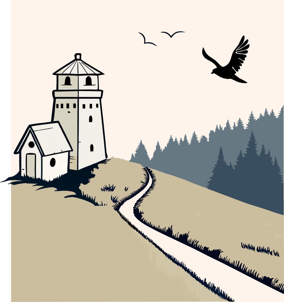 Vintage Woodcut Style Landscape Background Retro. Lighthouse and small cabin on a hill in a minimal forest landscape vector
