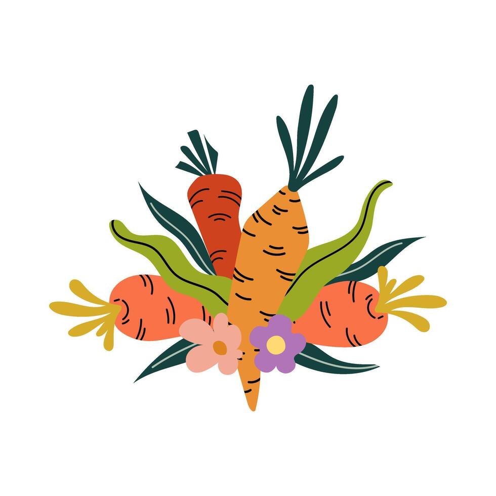 Bright Easter composition with colorful carrots, green leaves, and spring flowers. Perfect for greeting cards, posters, packaging, and holiday decor. Flat minimal style, graphic. vector