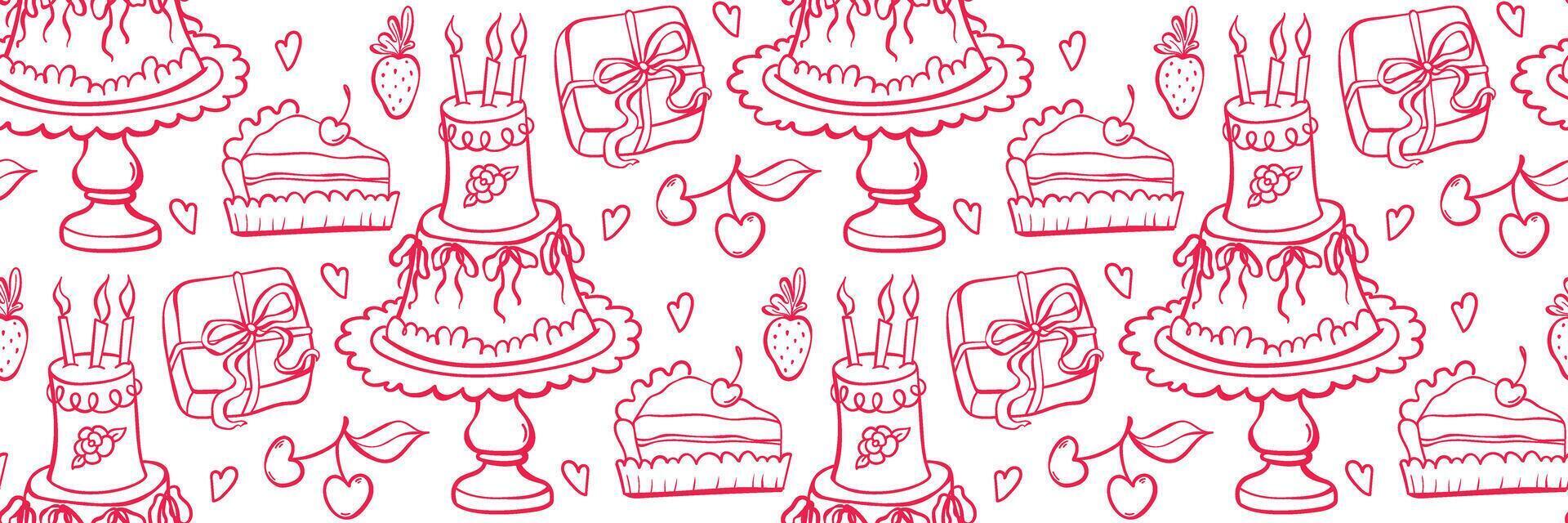 Playful pink pattern with birthday elements pompous cake, gift, piece of cake, cherry and strawberry. Flat seamless in girly doodle style. Great for party designs and decor. vector