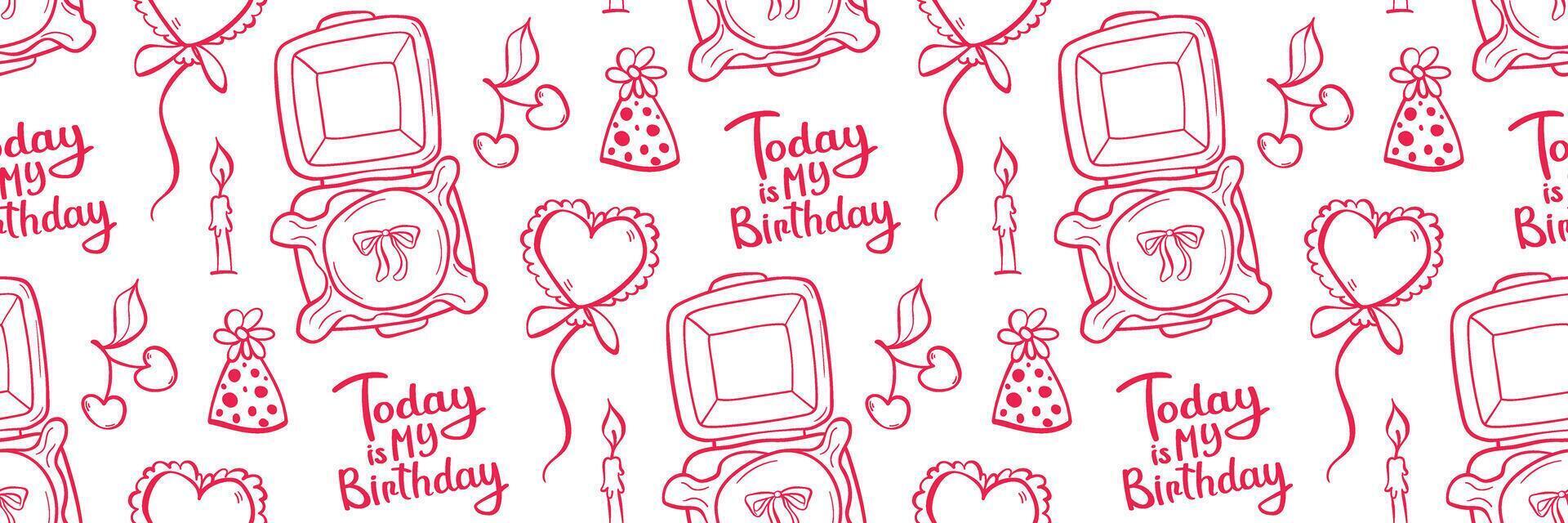Playful pink pattern with birthday elements bento cake, trendy candles, crown, and cute lettering. Flat seamless in girly doodle style. Great for party designs and decor. vector