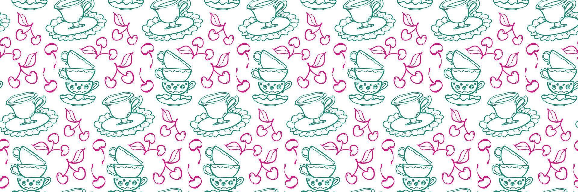 Whimsical seamless pattern with tea cups, cherries, and plates. Vintage Tea Time with Cherries. Ideal for packaging, fabric, stationery, and branding. Hand drawn illustration in doodle style. vector
