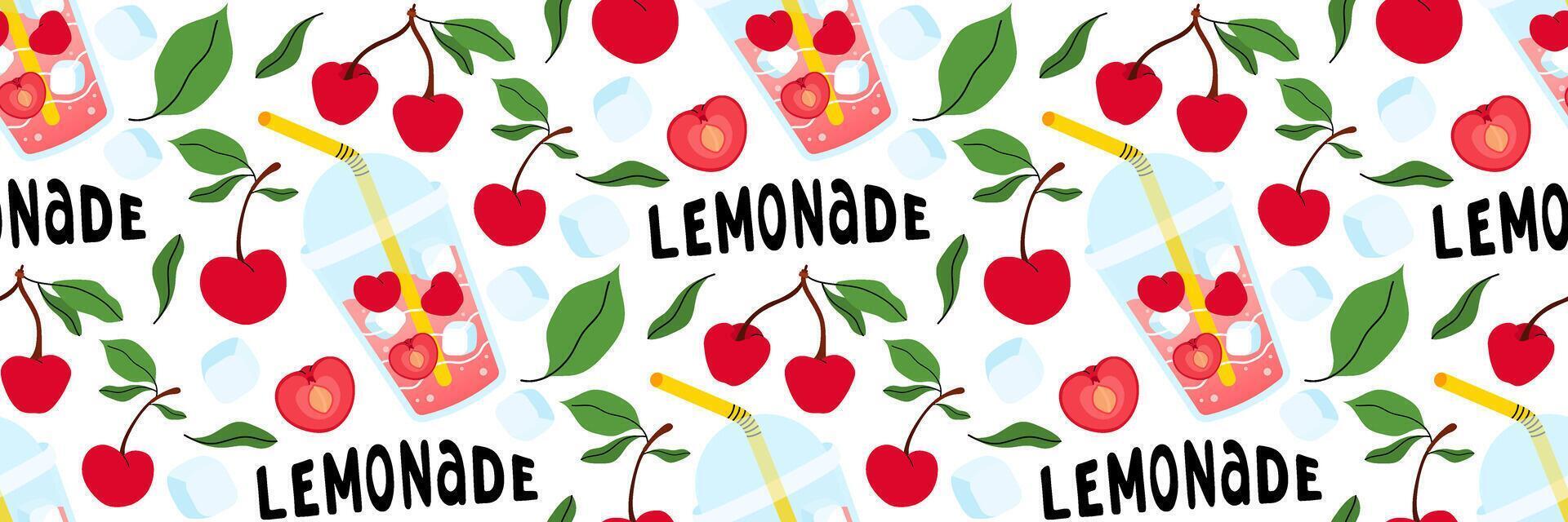 Lemonade seamless pattern with Fresh cherries on white background. Bright summer background for cafe menus. Take away summer drink. Berries, leaves, ice cubes. Food and drink. flat illustration vector