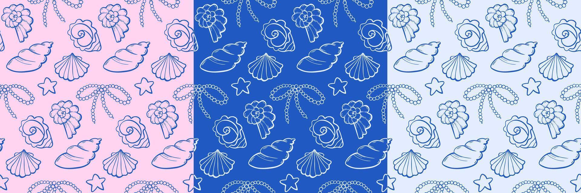 Elegant hand drawn Seashell and Pearls bow Seamless Pattern Set. Nautical Background. Great for packaging, textile, stationery, and summer product. doodle style, three color options. vector