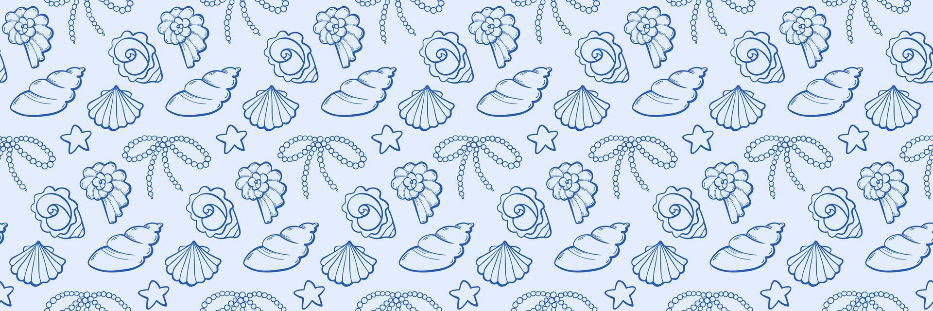Seamless sea shell pattern in doodle style on blue background. Perfect for fabrics, wrapping, beach themes. Marine flat in sketch hand-drawn style. vector