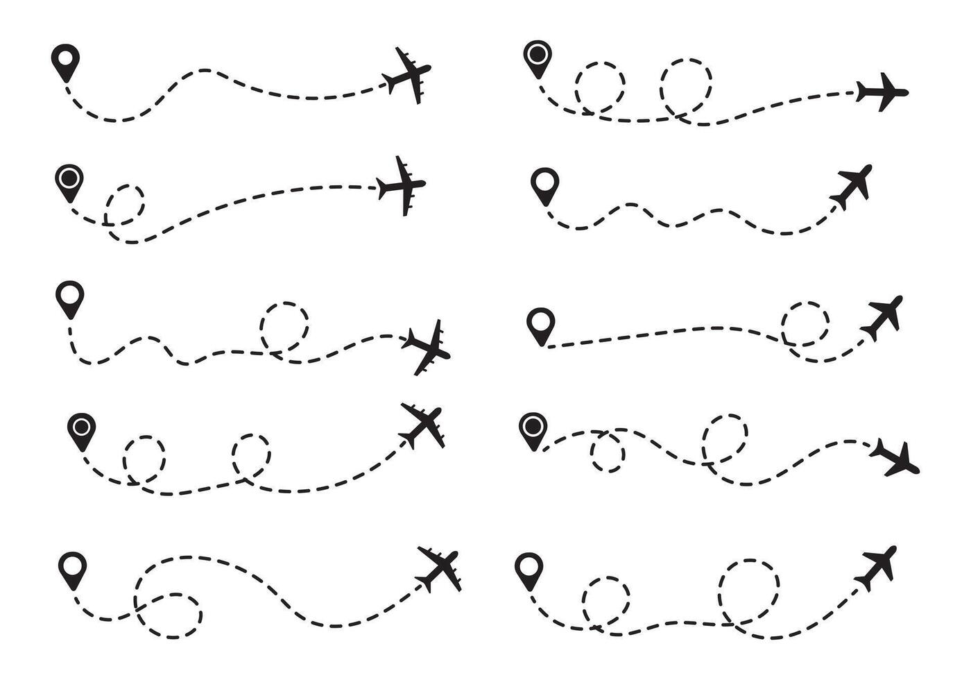 Airplane line paths icon set. Airplane with dotted line route. air plane flight route with start point and dash dotted line trace. race point to finish isolated on white background. vector