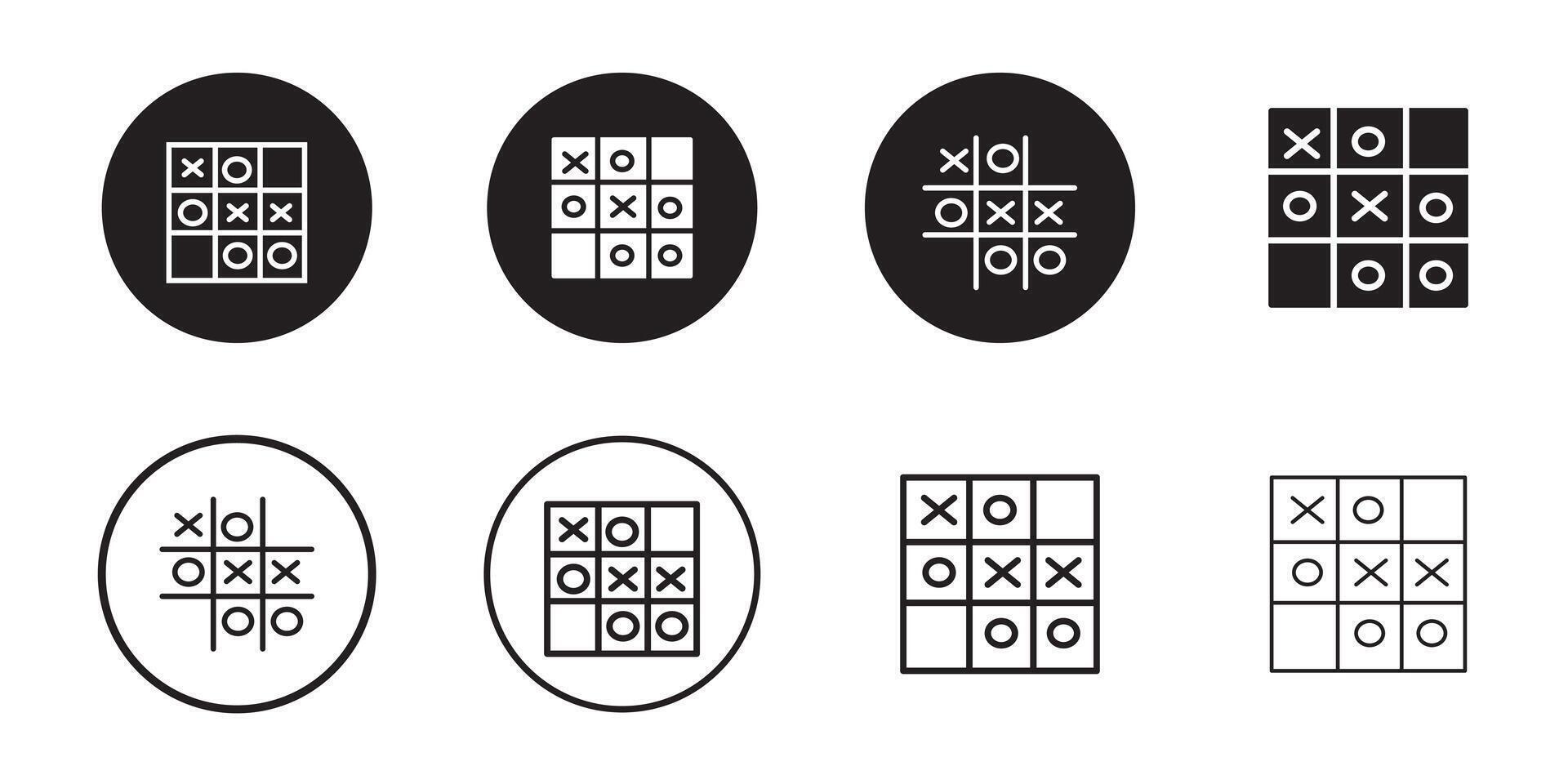 Tic tac toe icon sign set. Cross and tick kids game in black, O X game symbol. Simple thin line flat symbol, illustration vector