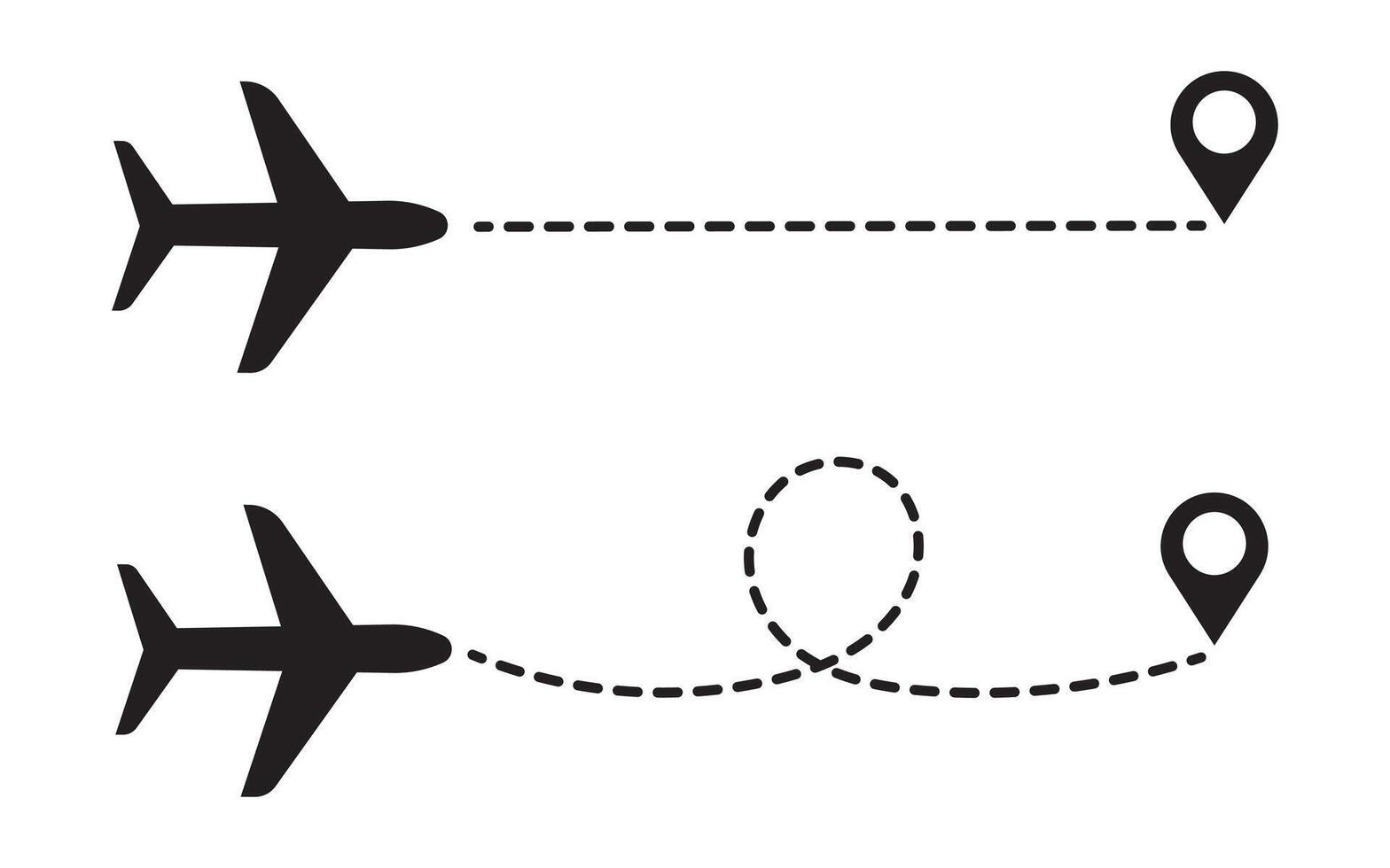 Airplane line paths icon set. air plane flight route with start point and dash dotted line trace. race point to finish isolated on white background. vector
