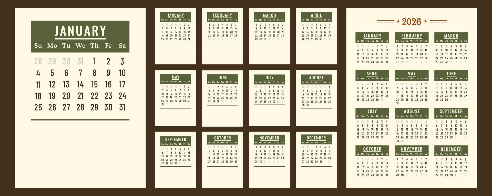 Calendar 2026. Vertical retro Calendar daily planner. Business layout for print. Pages template for business, printable wall, monthly, desktop calendar. Week starts on Sunday. flat illustration vector