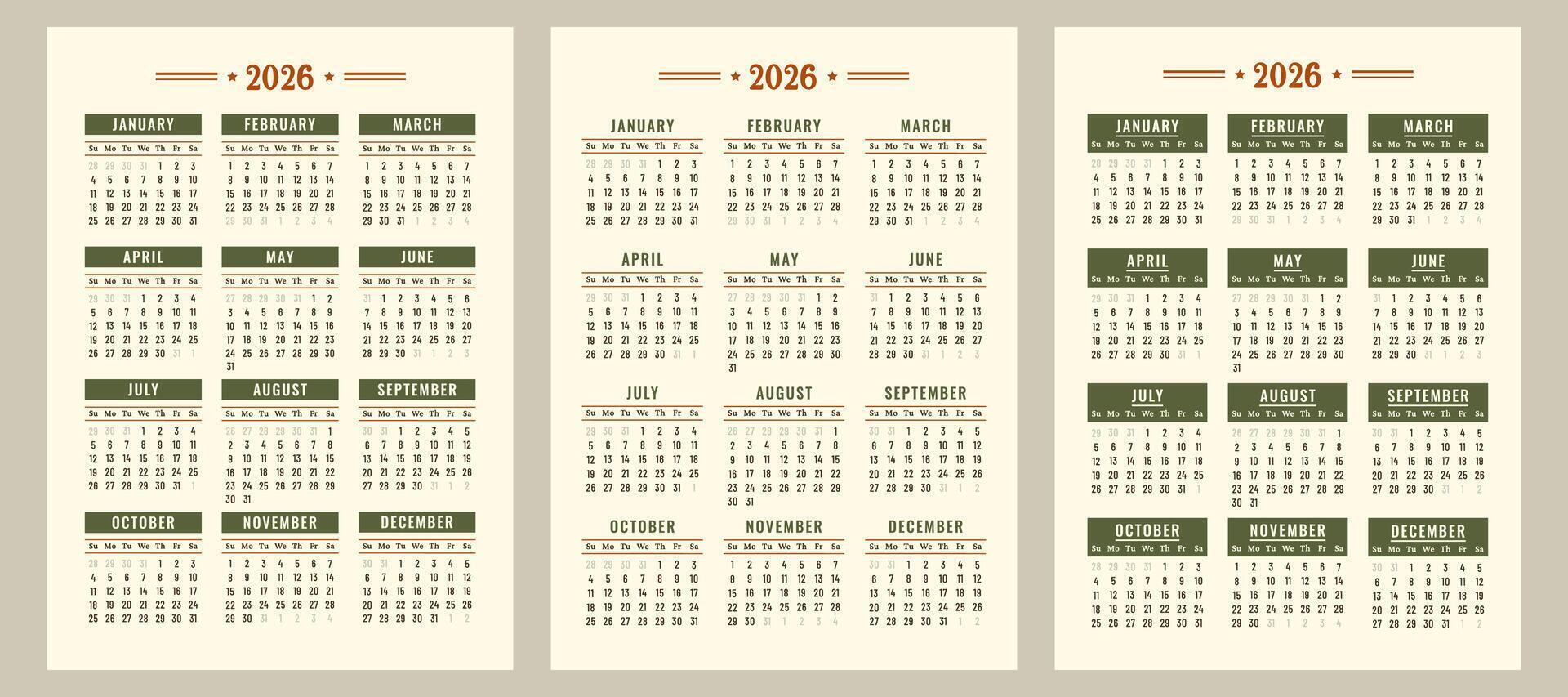 Calendar 2026 set. Vintage daily planner template with minimalist design. Monthly pages for wall print, desktop, business. Printable stationery. Week starts on Sunday. flat illustration vector