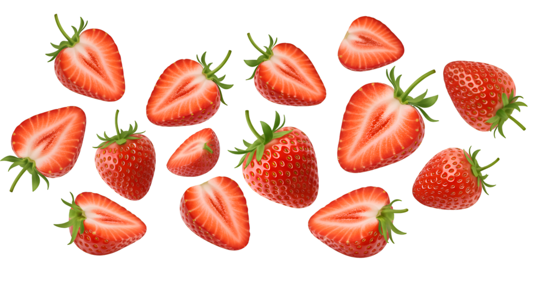 Scattered ripe strawberries some halved with vibrant red hues and fresh green stems png