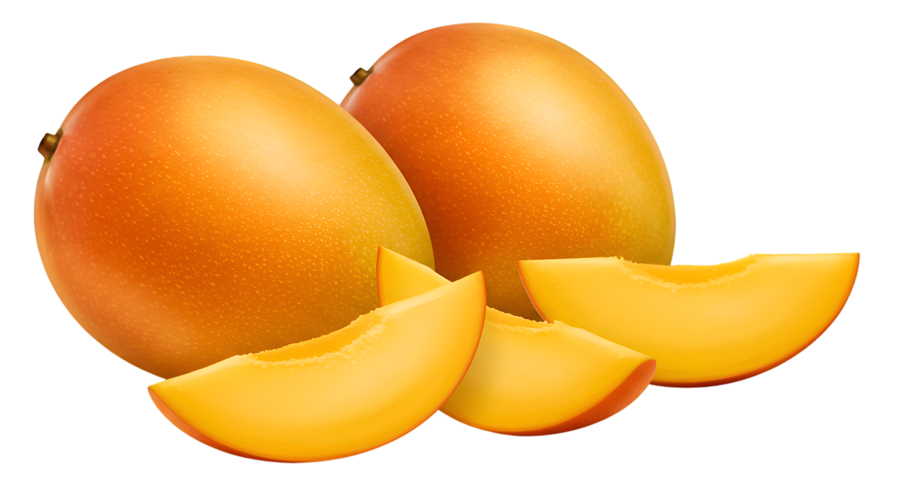Two ripe mangoes with orange and yellow skin accompanied by three juicy mango slices png