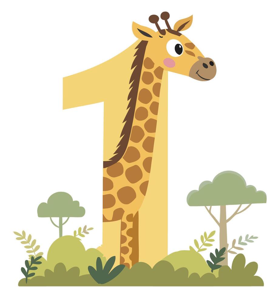 Illustrated Giraffe Character with Playful Expression and Number One vector