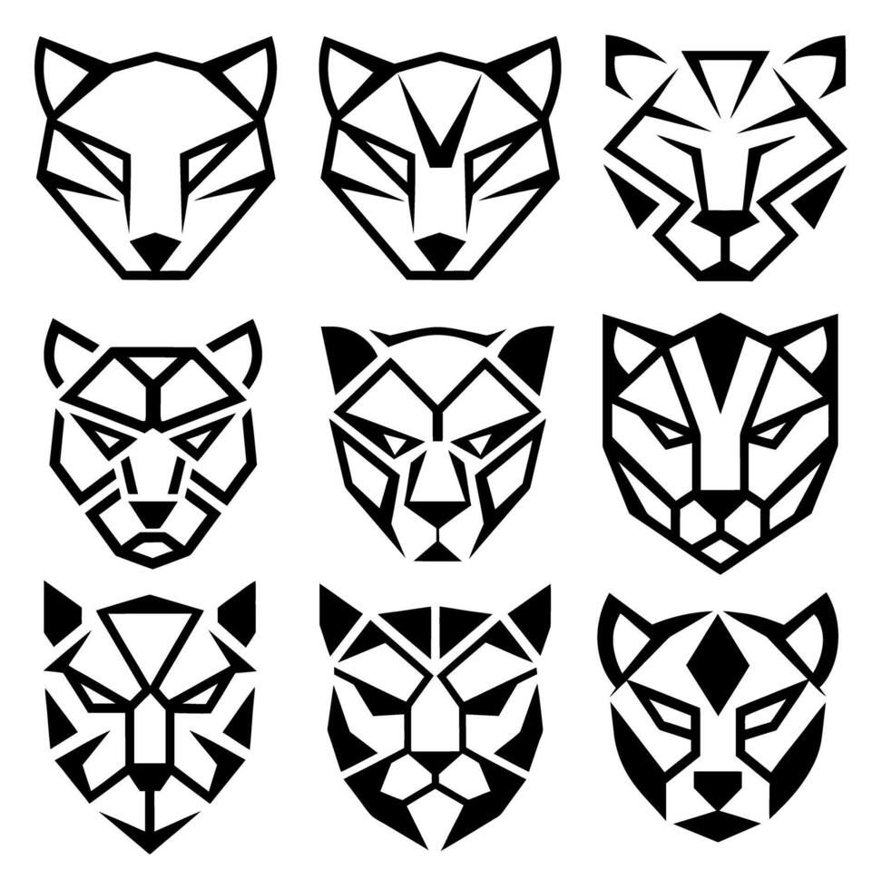Set of black geometric panther head icons, abstract animal face logos in polygonal style vector