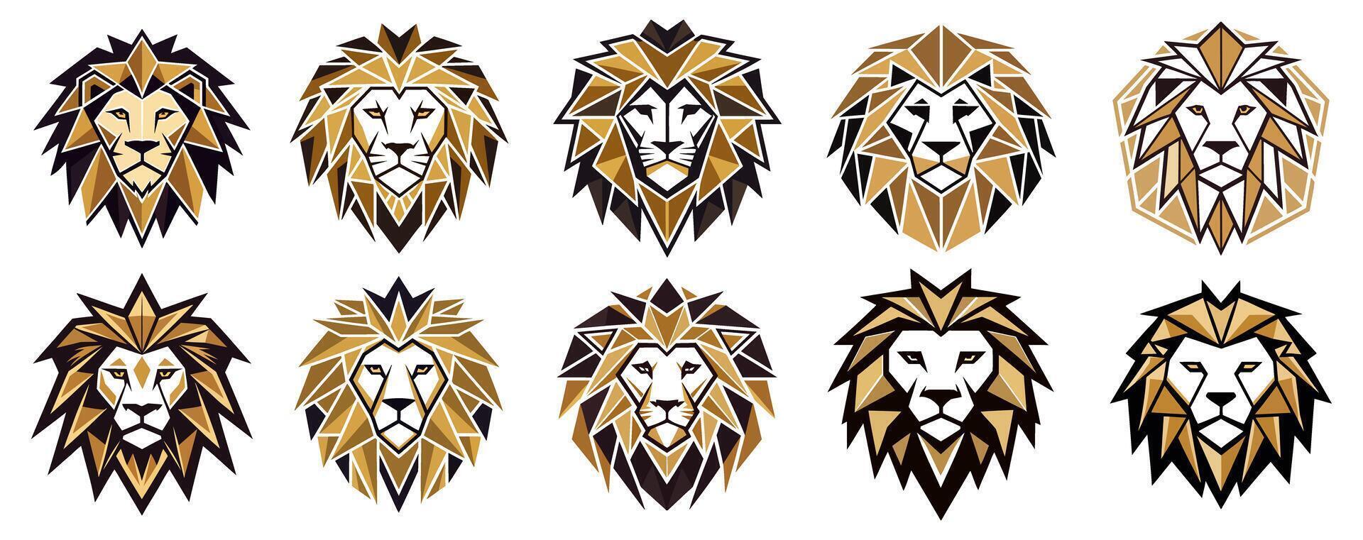 Set of geometric lion head logos with gold and black color scheme vector
