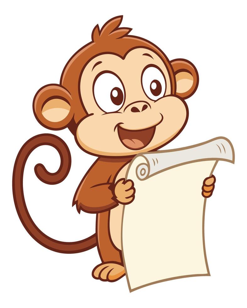 Cute Cartoon Monkey Holding a Blank Scroll with a Happy Expression vector