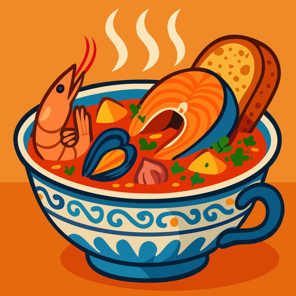 Seafood soup with shrimp and salmon vector