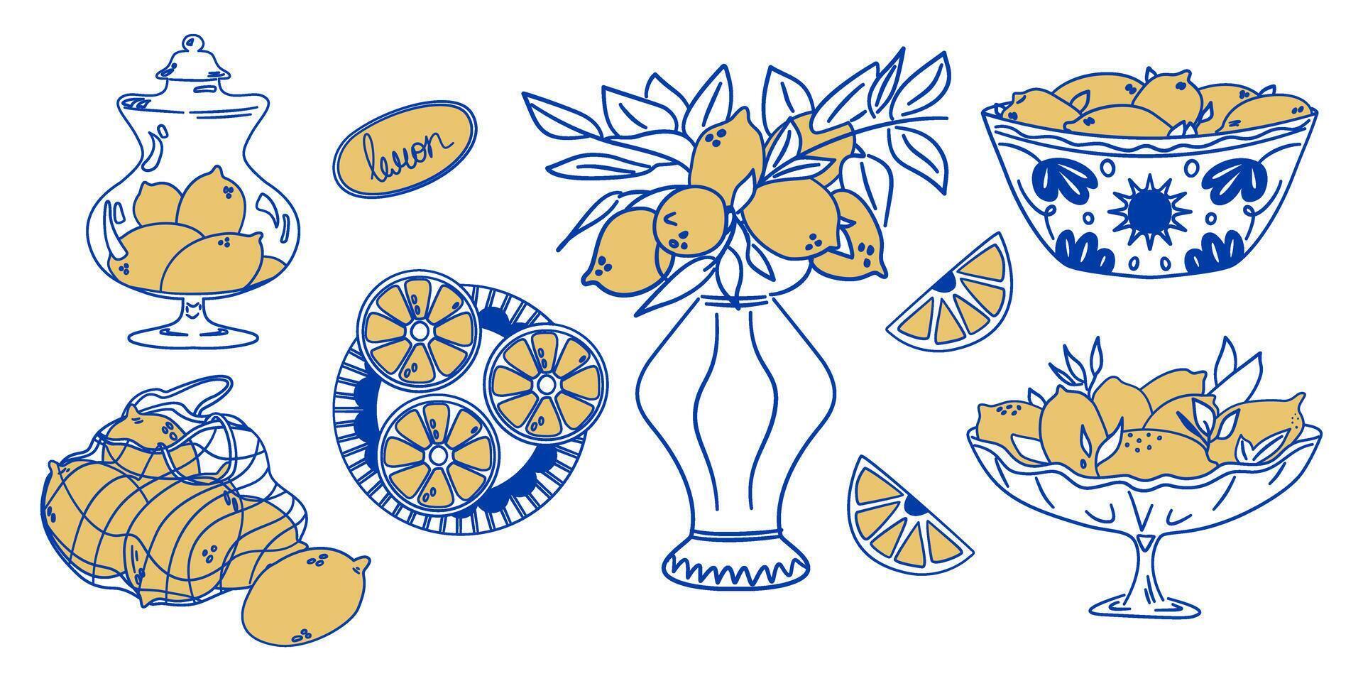 Lemon Illustration Set. Hand drawn citrus on plate, vase. Amalfi Coastal Elements sketch for sea beach party invitations. vector