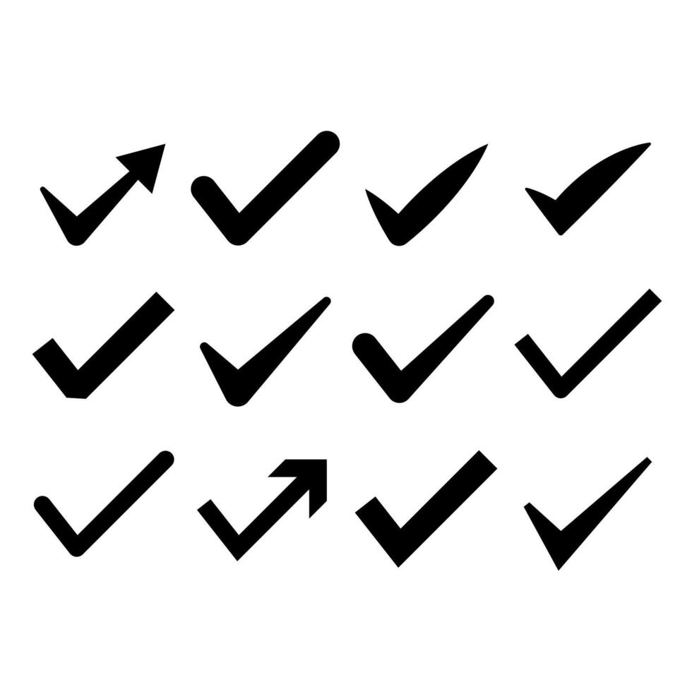 Check or tick icons. Big set of black check or tick icons for design. Check symbol isolated vector