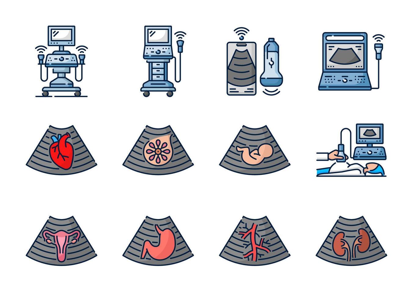 Ultrasound machines and organ icons vector