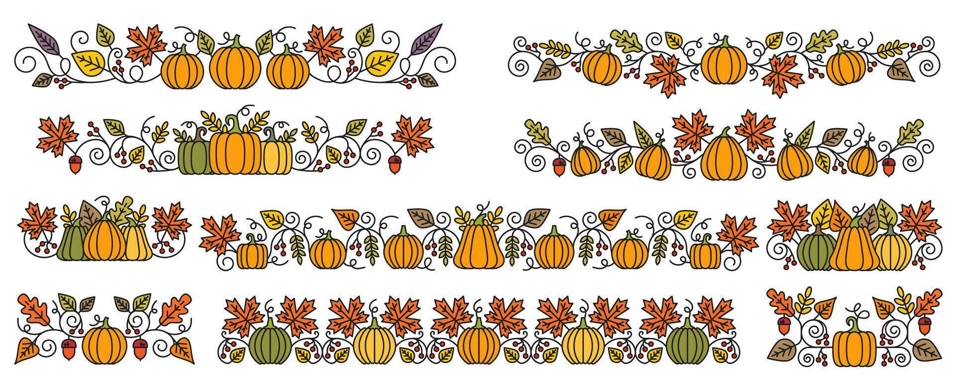 Decorative autumn pumpkin and leaf borders vector