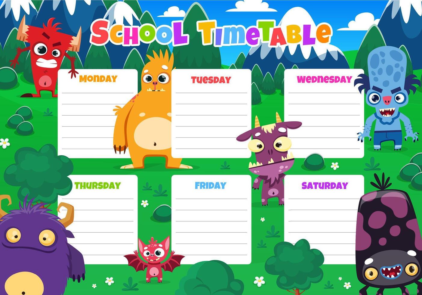 Colorful school timetable with monsters vector