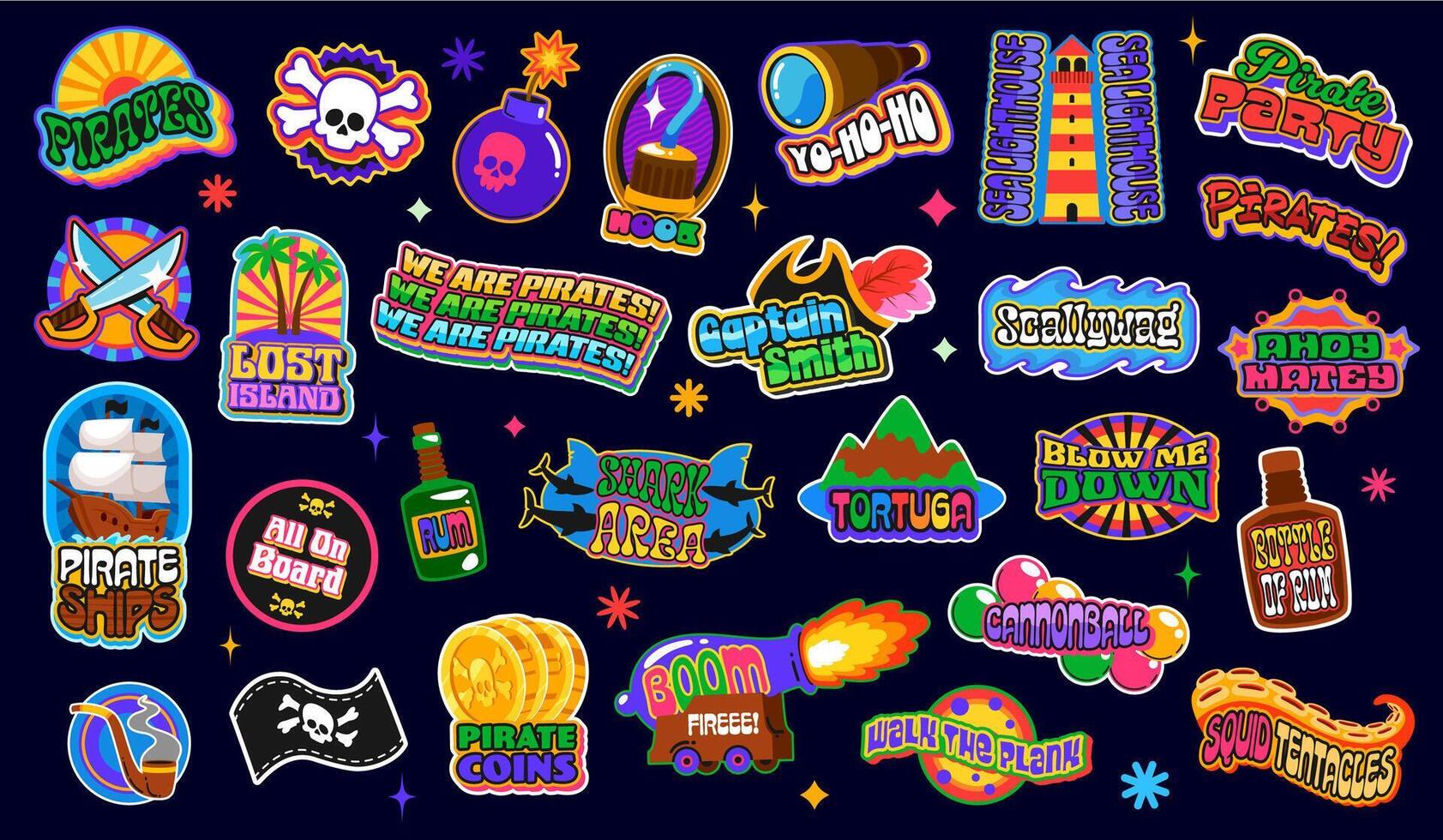 Y2k pirate and corsair groovy, funky stickers vector
