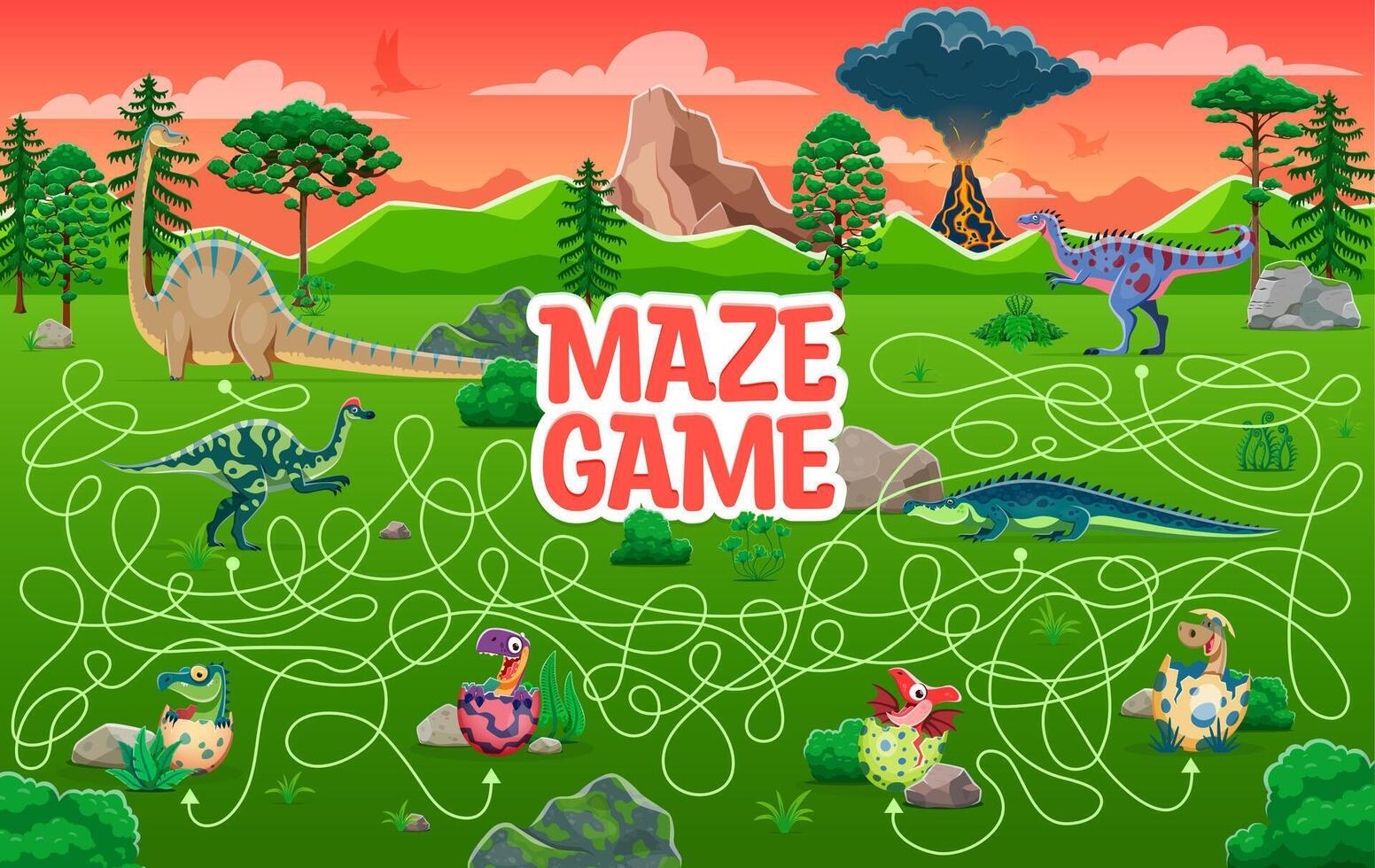 Kids labyrinth maze quiz game, dinosaurs worksheet vector