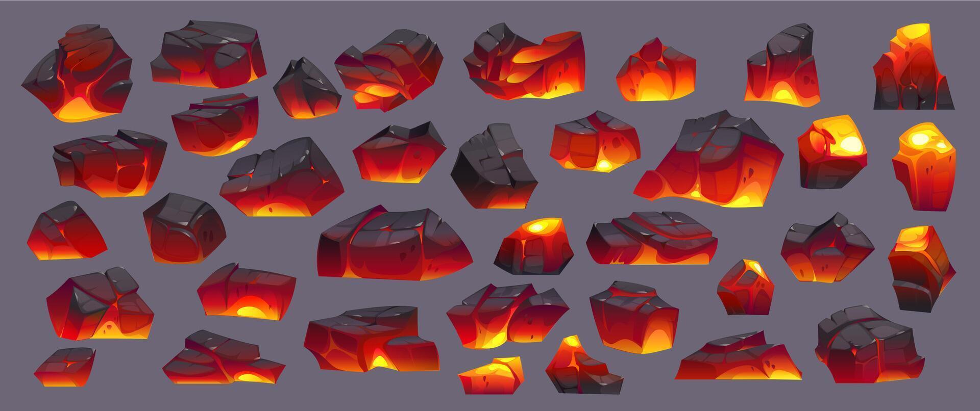 Burn ember charcoal, hot coal pieces set vector